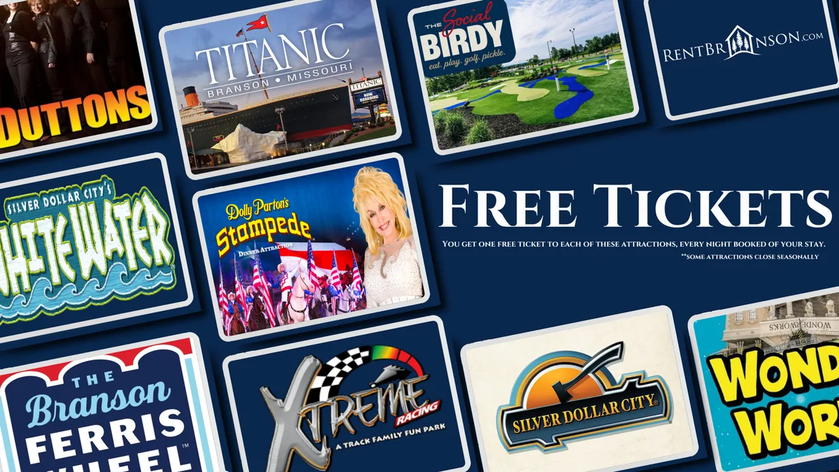 An interior image featuring attraction tickets, Branson landmark graphics, and vibrant colors, evoking the spirit of local exploration and excitement. It visually connects guests to top local attractions like Silver Dollar City and live shows, aligning with the section's focus on proximity to activities.